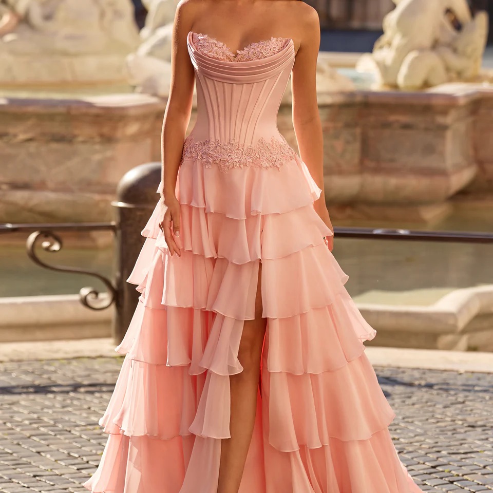 Sherri Hill Strapless Yellow Ruffled Corset Gown
